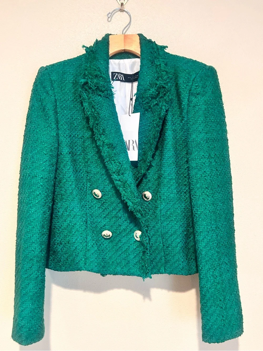 NWT Zara Gold Button Emerald Green Tweed Cropped Blazer Size:SMALL - Picture 2 of 10